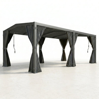 Aluminum Pergola Built to Withstand All Weather, 12x20 Louvered Roof, Dark Grey Frame, Waterproof Curtains