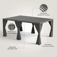 12X20 Louvered Pergola,Dark Grey Aluminum Frame with Adjustable Rainproof Roof, Featuring Waterproof Curtains and Nets — infographic