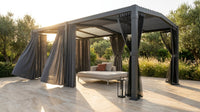 12X20 Louvered Pergola,Dark Grey Aluminum Frame with Adjustable Rainproof Roof, Featuring Waterproof Curtains and Nets — Lifestyle