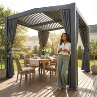 12X20 Louvered Pergola,Dark Grey Aluminum Frame with Adjustable Rainproof Roof, Featuring Waterproof Curtains and Nets — Lifestyle