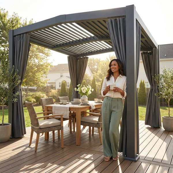 Aluminum Pergola Built to Withstand All Weather, 12x20 Louvered Roof, Dark Grey Frame, Waterproof Curtains
