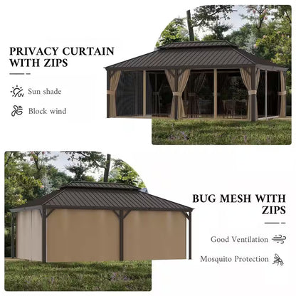12 Ft. X 22 Ft. Double Galvanized Steel Roof Aluminum Frame Outdoor Patio Hardtop Gazebo with Netting and Curtains