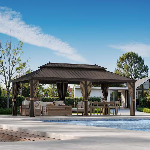 12 Ft. X 22 Ft. Double Galvanized Steel Roof Aluminum Frame Outdoor Patio Hardtop Gazebo with Netting and Curtains