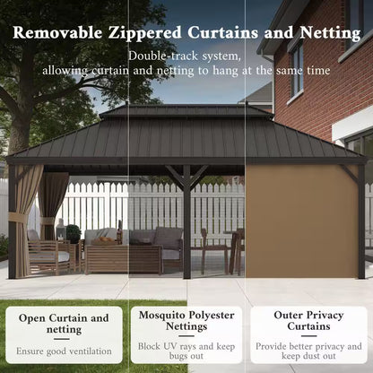 12 Ft. X 22 Ft. Double Galvanized Steel Roof Aluminum Frame Outdoor Patio Hardtop Gazebo with Netting and Curtains