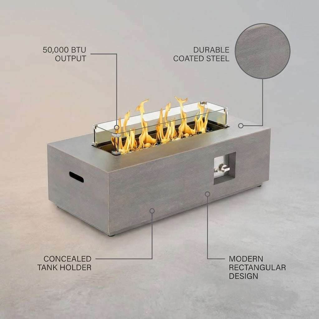 50000 BTU Coating Steel Propane Fire Pit Table in Gray Rectangular Modern Outdoor Gas Fire Table with Tank Holder — infographic