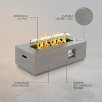 50000 BTU Coating Steel Propane Fire Pit Table in Gray Rectangular Modern Outdoor Gas Fire Table with Tank Holder — infographic