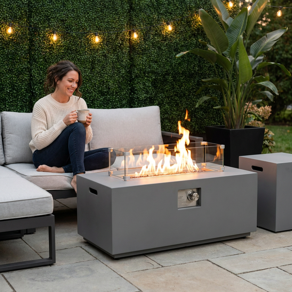 Rectangular Fire Pit Table Built for Year-Round Use, 50000 BTU Propane, Steel Frame, Tank Holder