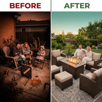 7 Piece Outdoor Patio Furniture Set, Patio Furniture Set with Fire Pit Table Rattan Wicker Patio Furniture Set, Brown Wicker & Beige Cushion — Before & After