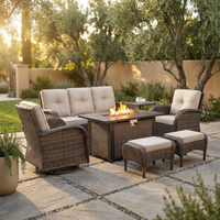 7 Piece Outdoor Patio Furniture Set, Patio Furniture Set with Fire Pit Table Rattan Wicker Patio Furniture Set, Brown Wicker & Beige Cushion — Studio Shot