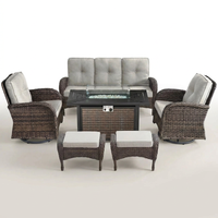 7 Piece Outdoor Patio Furniture Set, Patio Furniture Set with Fire Pit Table Rattan Wicker Patio Furniture Set, Brown Wicker & Beige Cushion — Studio Shot