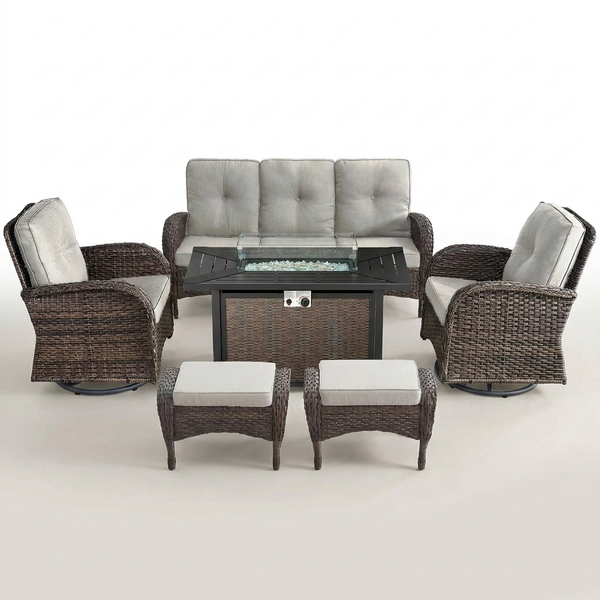 7 Piece Outdoor Patio Furniture Set, Patio Furniture Set with Fire Pit Table Rattan Wicker Patio Furniture Set, Brown Wicker & Beige Cushion — Studio Shot