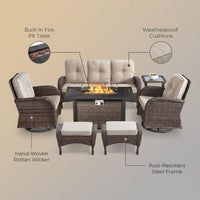 7 Piece Outdoor Patio Furniture Set, Patio Furniture Set with Fire Pit Table Rattan Wicker Patio Furniture Set, Brown Wicker & Beige Cushion — infographic