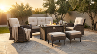 7 Piece Outdoor Patio Furniture Set, Patio Furniture Set with Fire Pit Table Rattan Wicker Patio Furniture Set, Brown Wicker & Beige Cushion — Lifestyle