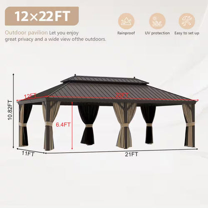 12 Ft. X 22 Ft. Double Galvanized Steel Roof Aluminum Frame Outdoor Patio Hardtop Gazebo with Netting and Curtains