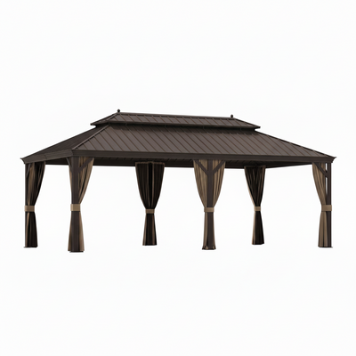 12 Ft. X 22 Ft. Double Galvanized Steel Roof Aluminum Frame Outdoor Patio Hardtop Gazebo with Netting and Curtains