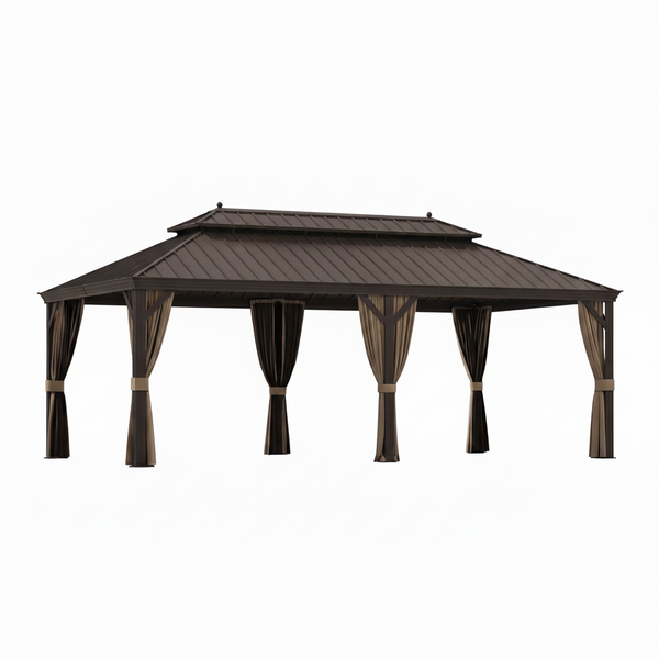12 Ft. X 22 Ft. Double Galvanized Steel Roof Aluminum Frame Outdoor Patio Hardtop Gazebo with Netting and Curtains